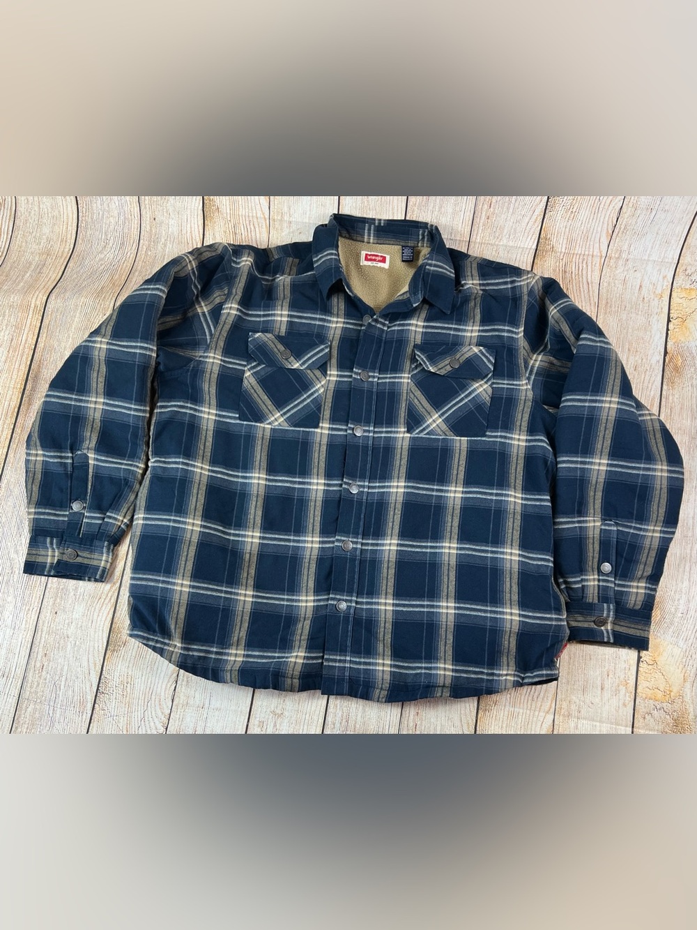 Mens Wrangler Navy Tan Sherpa Line Flannel Button Shirt Shacket Size XL